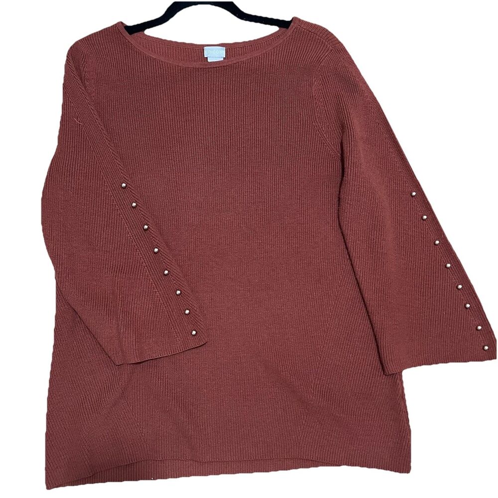 Chicos Knit Sweater Size 2 / US L Orange Brown Studded Wide Sleeves Boho Fall